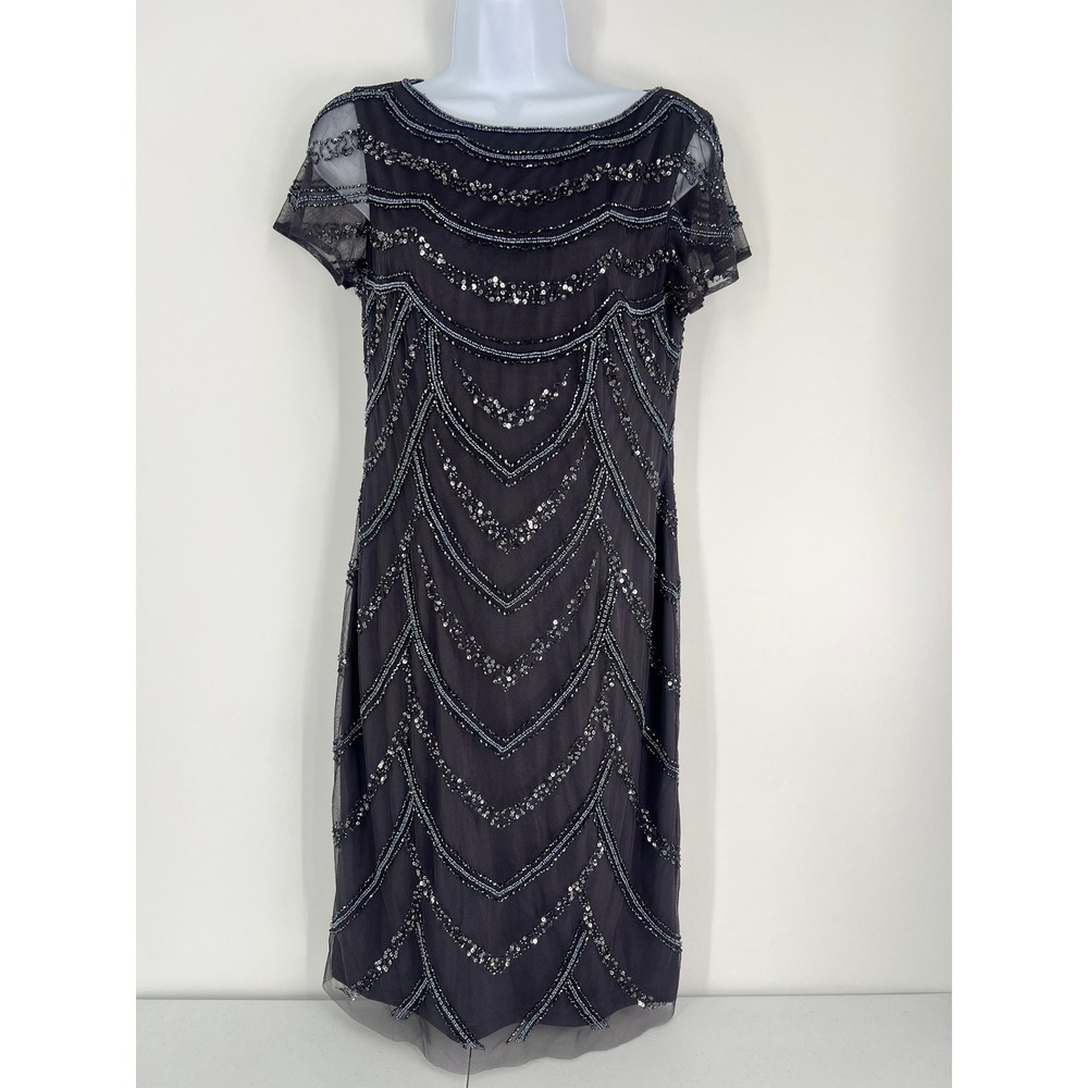 Adrianna Papell Size 8 Beaded Charcoal Gray Sequin Sheath Dress Mother of Bride